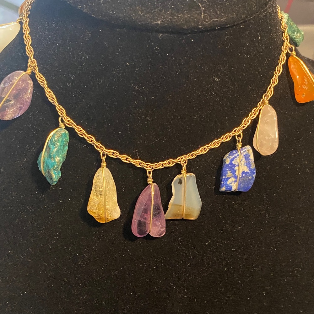 Gold Chain Necklace with Multicolor Semi-Precious Stone Charms - Women